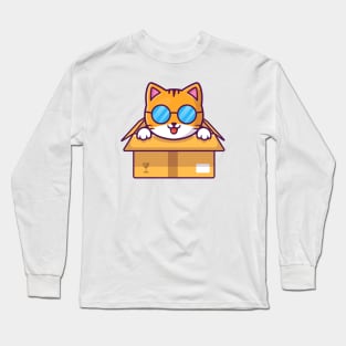 Cute Cat Playing In The Box Cartoon (5) Long Sleeve T-Shirt